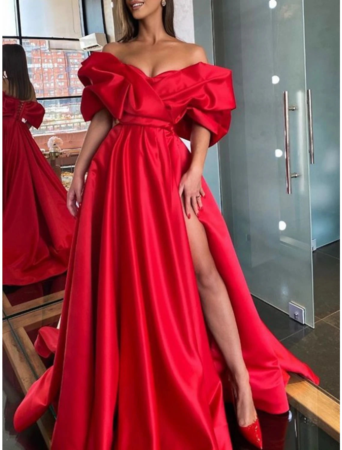 Wholesale Sheath / Column Evening Gown Party Dress Engagement Black Tie Gala Sweep / Brush Train Half Sleeve Off Shoulder Satin with Ruched Slit